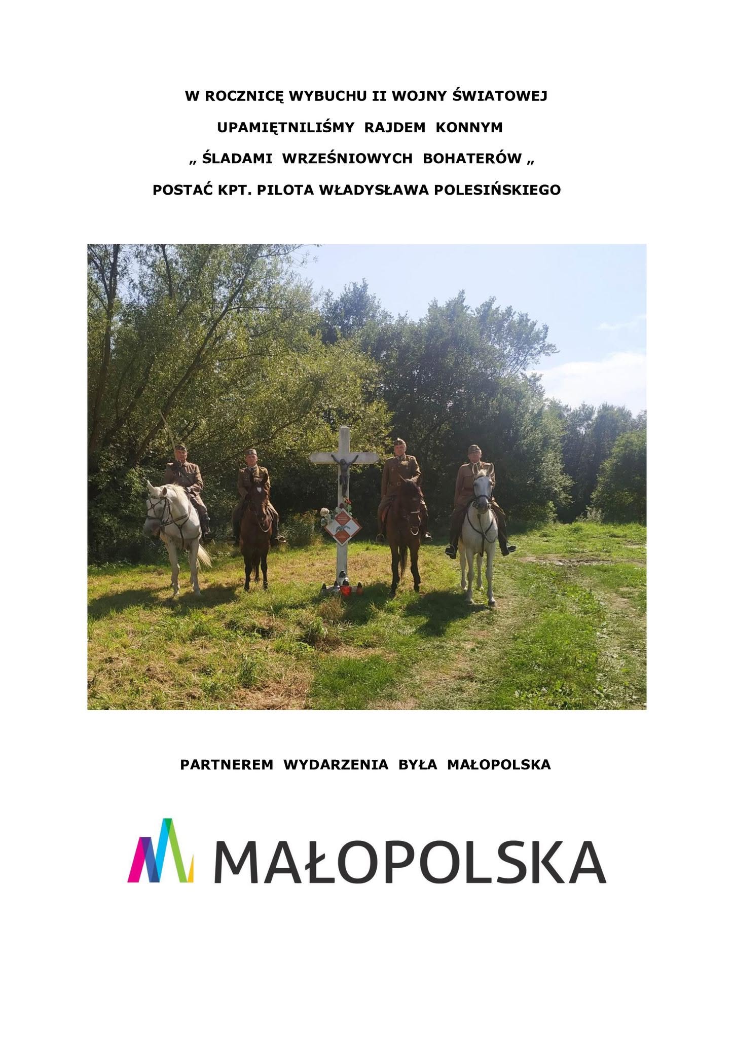 Plakat rajdu konnego „Śladami Wrześniowych Bohaterów" — czterej ułani konno przy przydrożnym krzyżu, partner wydarzenia: Małopolska
